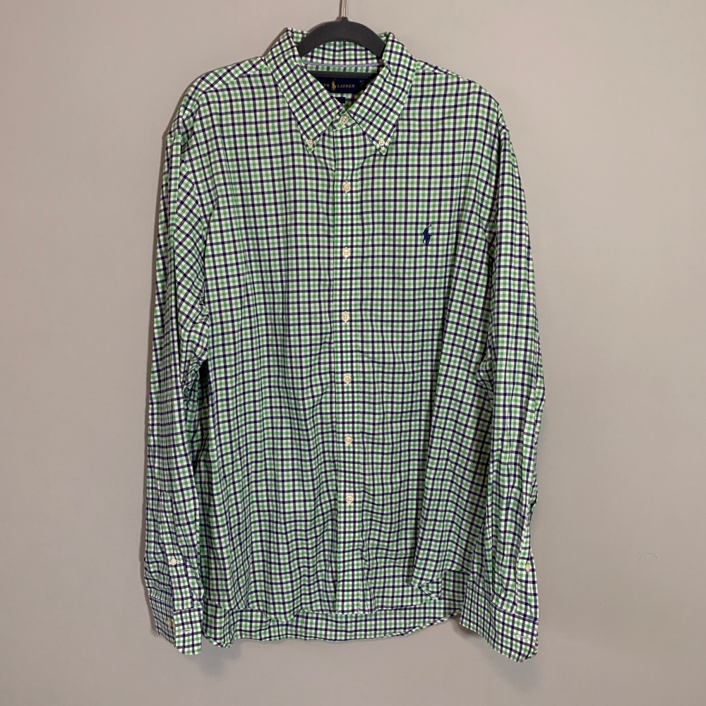 Ralph Lauren Men's XL Gingham Plaid Button Down Shirt Non Iron Green Navy